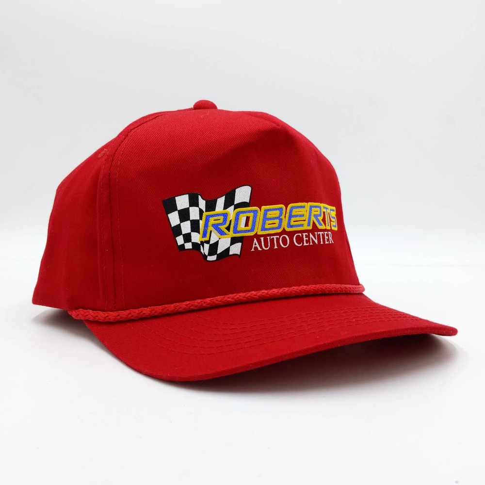 Vintage Roberts Auto Center Trucker Hat Snapback Cap Cars Racing Flag 90s Red